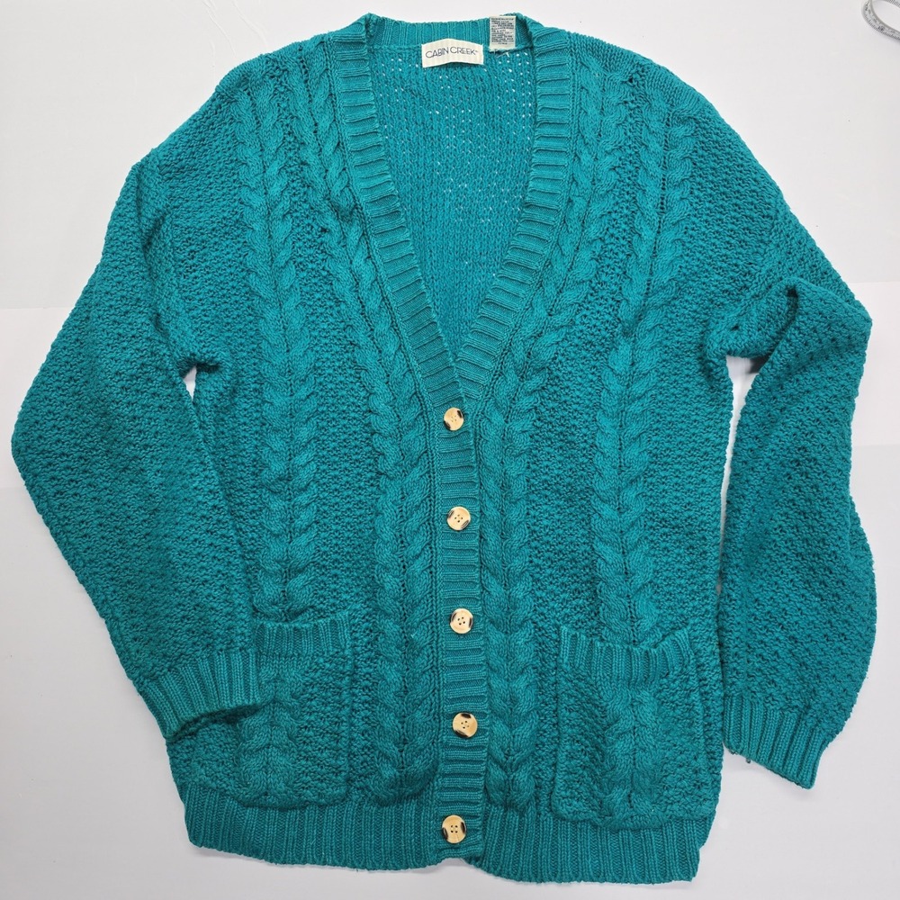 Cabin Creek Vintage Womens Teal Cable Knit Cardigan Sweater Large Ramie Cotton
